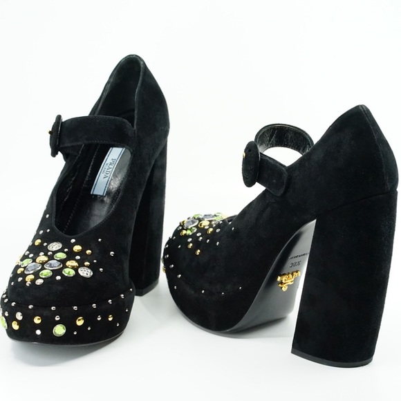 PRADA Embellished Jewel Studded Suede D’Orsay Mary Jane Black Platform Pumps - Picture 3 of 15